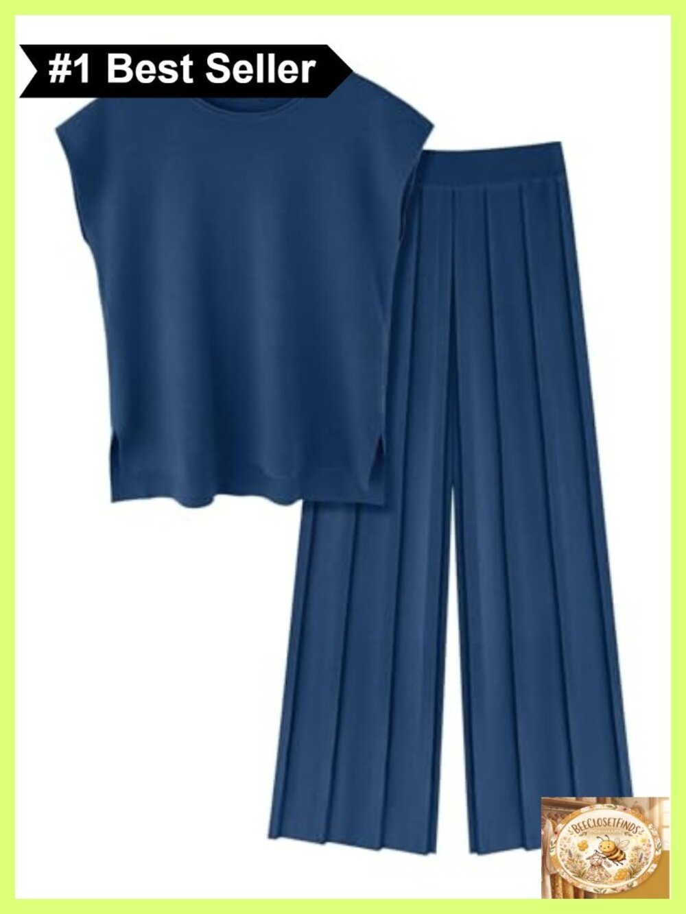 Knit Two Piece Lounge Set Cap Sleeve Top Wide Leg Pleated Pants